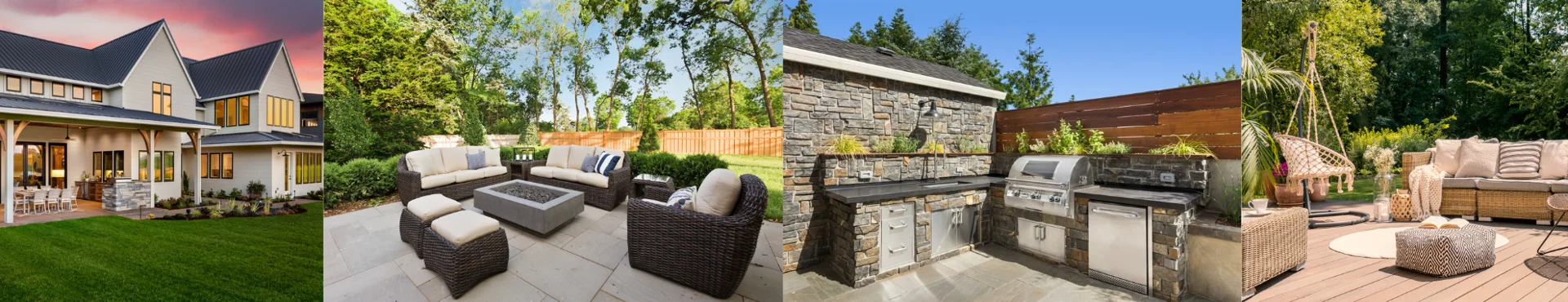 A collage showcasing diverse outdoor living spaces, including a modern home's patio, a fire pit lounge, an outdoor kitchen, and a relaxed seating area.