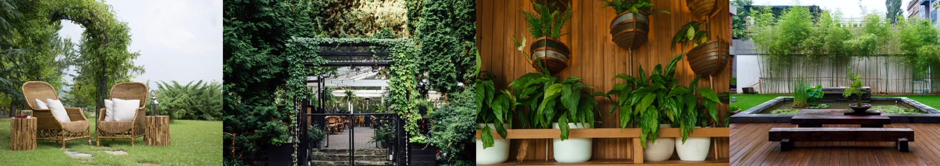 A collage of four landscaping designs: an outdoor seating area, a lush garden entrance, a modern vertical plant display, and a serene backyard pond.