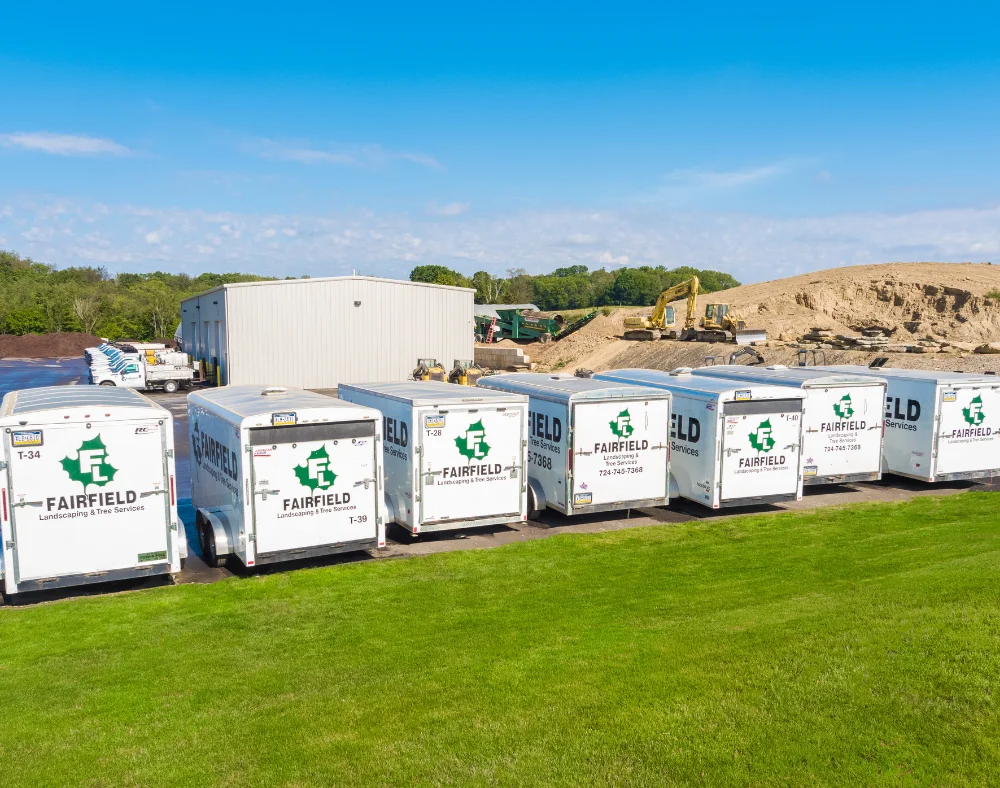A fleet of white Fairfield Landscaping & Tree Services trailers, with a building and dirt mound in the background, parked on a sunny day.
